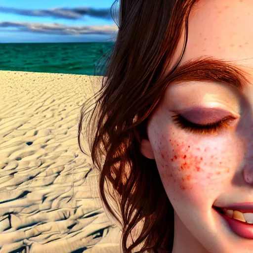 Image similar to portrait of a cute thin young woman, bronze brown hair, eye color is emerald green, red blush, a few freckles, smug smile, modern clothes, relaxing on the beach, golden hour, close up shot, 8 k, art by irakli nadar, hyperrealism, hyperdetailed, ultra realistic