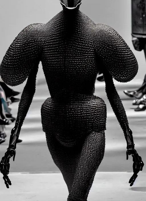 Image similar to walking down the catwalk, steven klein, show, stage, vogue photo, podium, fashion show photo, iris van herpen, beautiful woman, full body shot, helmet on face, masterpiece, plant predator, guyver, jellyfish, biomechanical details, movie still, fauvism, cinestill, bokeh, gelios lens