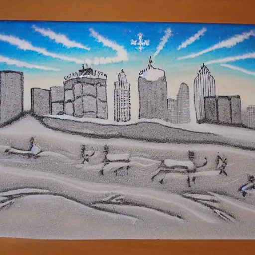 Prompt: sand painting of boston in winter, very detailed, studio lighting