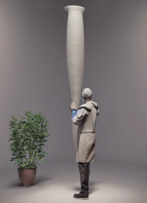 Image similar to a sculpture of a man standing next to a tall vase, a raytraced image by Hikari Shimoda, polycount, video art, vray tracing, ray tracing, rendered in unreal engine