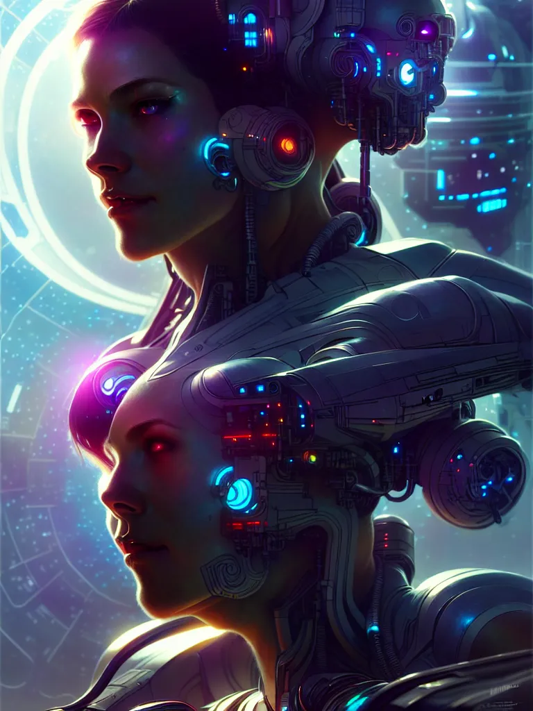 Image similar to ultra realistic, beautiful female cyborg in a space metropolis, sci-fi, cyberpunk, concept art, intricate details, eerie, highly detailed, octane render, 8k, , art by artgerm and greg rutkowski and alphonse mucha