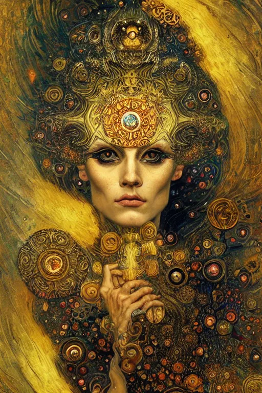 Image similar to Divine Chaos Engine by Karol Bak, Jean Deville, Gustav Klimt, and Vincent Van Gogh, beautiful visionary mystical portrait, sacred, otherworldly, fractal structures, Surreality, ornate gilded medieval icon, third eye, spirals