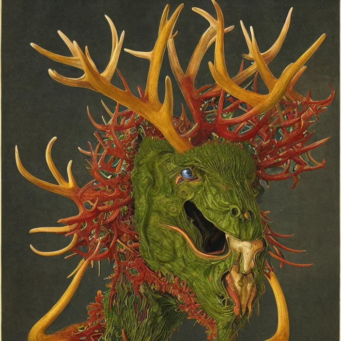 Prompt: close up portrait of a mutant monster creature with ten antlers growing in fractal forms, face in the shape of a colorful exotic carnivorous plant. by jan van eyck, walton ford