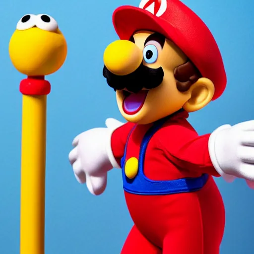 Image similar to mario as a puppet, still from sesame street, 4 k extremely detailed photography