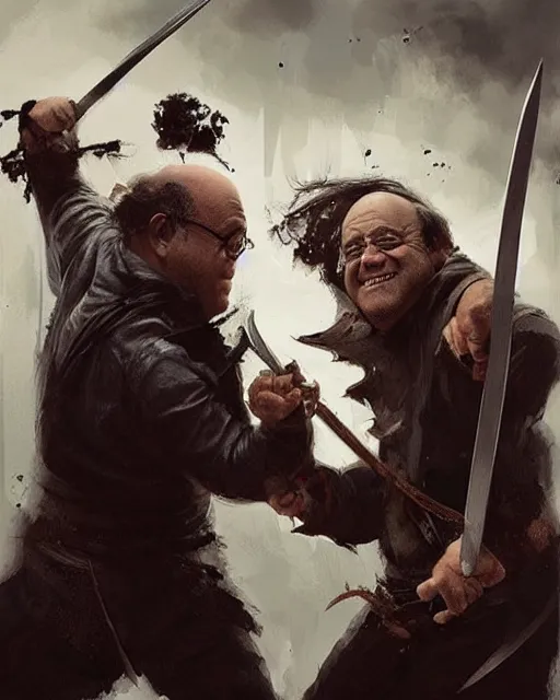 Prompt: “ george costanza and danny devito having a swordfight, very epic, digital art, greg rutkowski ”