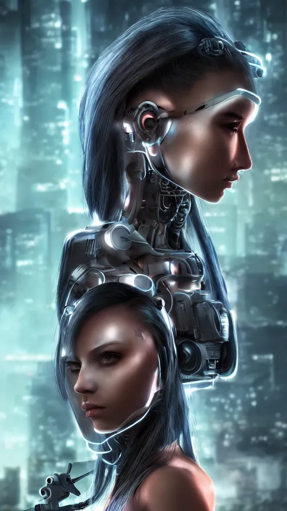 Image similar to beautiful cyborg girl with pony hair,cyberpunk,realistic,cinematic,3d,night lighting