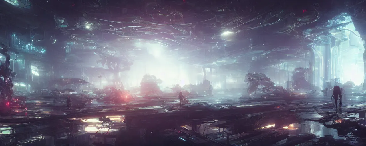 Prompt: beautiful concept art by wadim kashin, interior shot, hangout spot, scifi robot repair workshop, darksynth, illuminated lines, outrun, vaporware, misty, unreal engine 5, cinematic lighting, beautiful specular illumination, misty, volumetric fog, 8 k