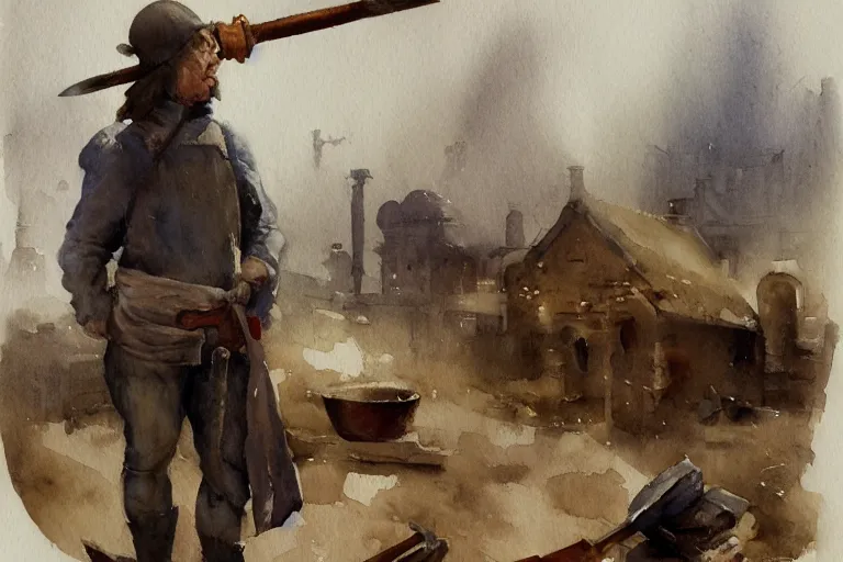 Image similar to small centered on watercolor paper, paint brush strokes, abstract watercolor painting of dirty medieval blacksmith with apron and hammer, anvil, furnace, kiln, cinematic light, national romanticism by hans dahl, by jesper ejsing, by anders zorn, by greg rutkowski, by greg manchess, by tyler edlin