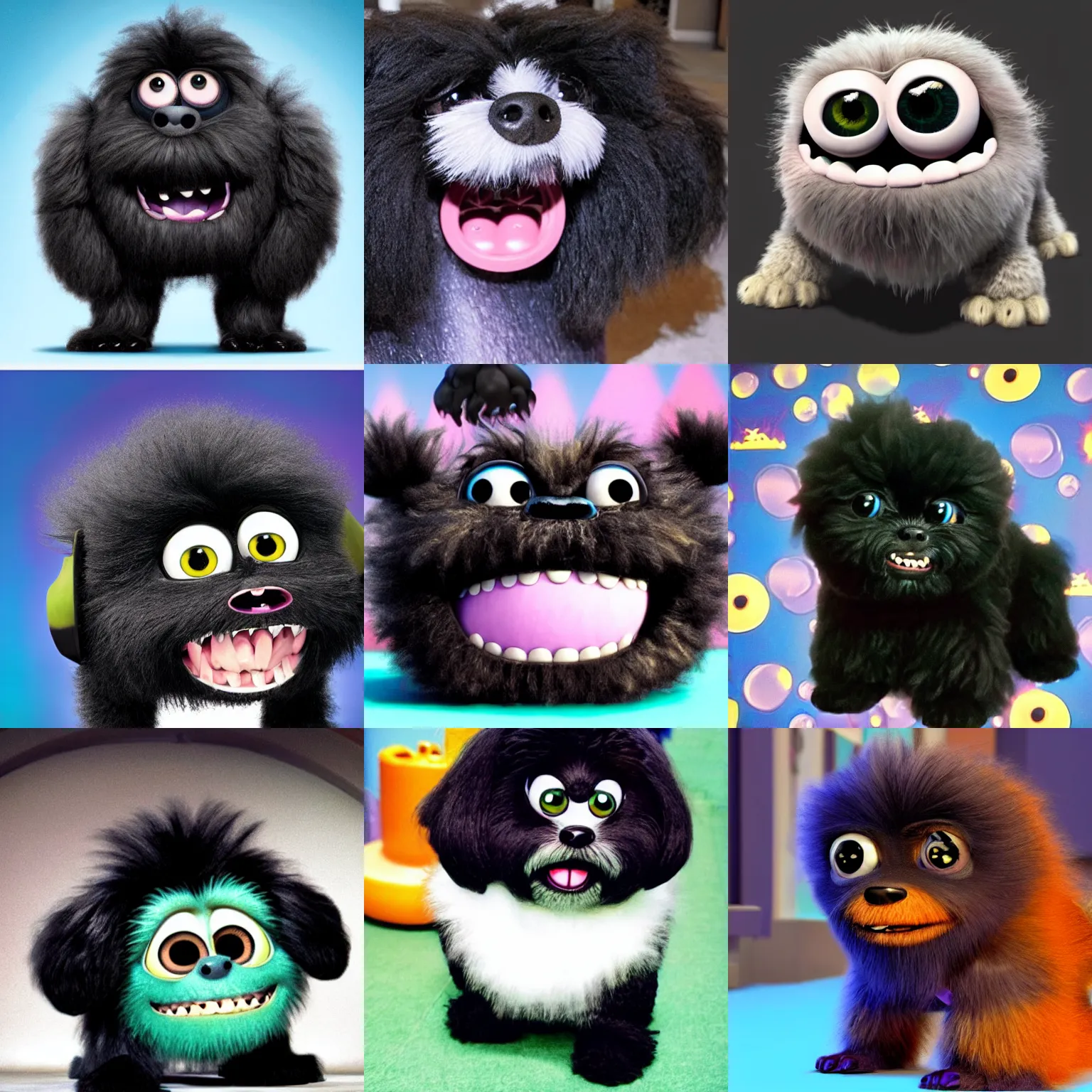 Prompt: Black shihpoo as a monster in Monsters Inc.