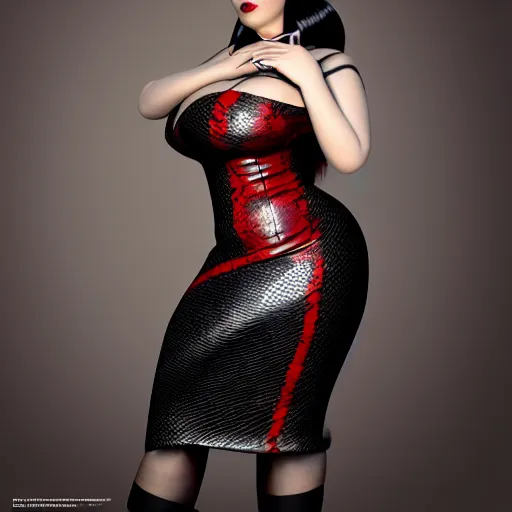 Image similar to curvy feminine hot goth woman with elegant red-black snakeskin leather dress, camo pattern, cgsociety, photorealistic, sublime ambience, idealistic, 16k, smooth, sharp focus, trending on ArtStation, volumetric lighting, fully clothed, worksafe