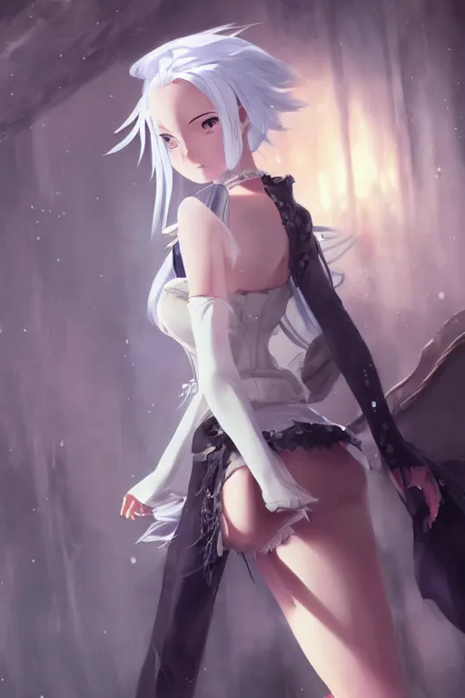 Prompt: anime girl with white hair wearing a corset, anime style, fantasy art, gorgeous face, digital drawing, by makoto shinkai, by wenjun lin