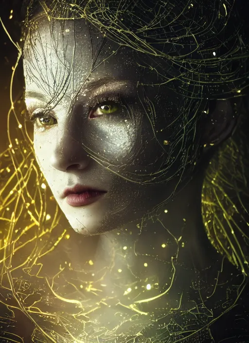 Prompt: book cover, glowing silver and golden elements, full close-up portrait, female portrait model from shutterstock as a dark evil looking witch, green forest, white moon, red lips, establishing shot, extremly high detail, photo-realistic, cinematic lighting, pen and ink, intricate line drawings, by Yoshitaka Amano, Ruan Jia, Kentaro Miura, Artgerm, post processed, concept art, artstation, matte painting, style by eddie, raphael lacoste, alex ross