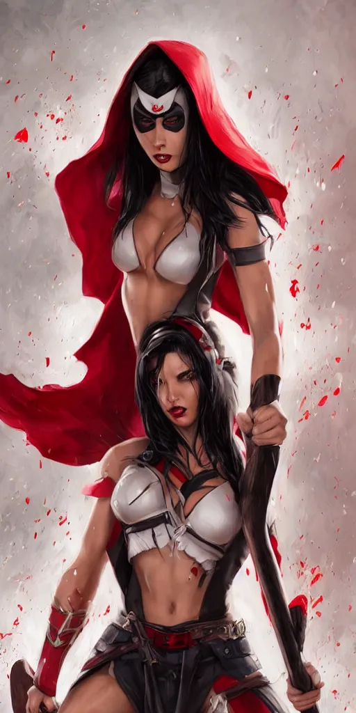 Prompt: photo of gorgeous woman with half white half black hair, in red hood with axe in the style of stefan kostic, realistic, half body shot, sharp focus, 8 k high definition, insanely detailed, intricate, elegant, art by stanley lau and artgerm, foggy background, pinup, fantasy