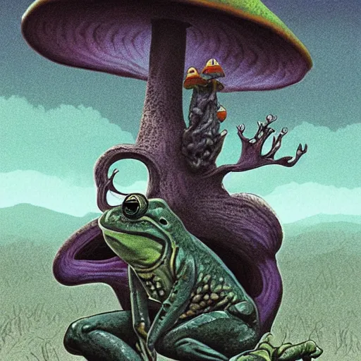 Image similar to A centered chest up portrait of a psychedelic demonic anthropomorphic frog smoking a hand-rolled cigarette smoking heavily , magic mushroom village in background . award winning. superb resolution. in the art style of junji Ito and greg rutkowski . Detailed Mushroom city in background. Hyper realistic anime. Perfect art. Dalle2