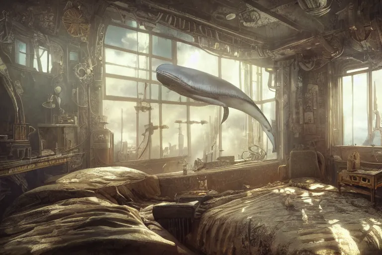 Image similar to Interior of a steampunk bedroom, 3d scene, render, ultra realistic, zenith view, Greg Rutkowski, artstation, cgsociety, level design, unreal engine alien whale flying over a steampunk city, 3d scene, render, ultra realistic, zenith view, Enki Bilal style