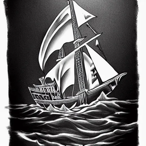 Image similar to a pirate ship sailing in the sea, realism tattoo design, amazing shades, clean white paper background, in the style of david vega