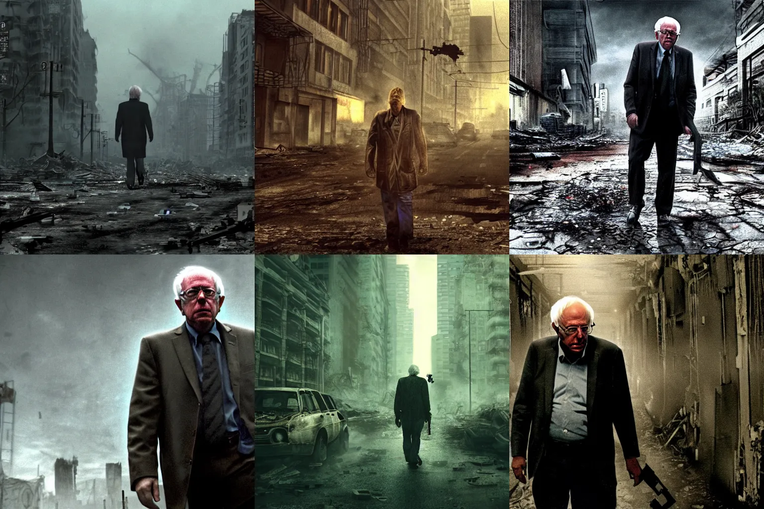 Prompt: Bernie Sanders in a melancholic post-apocalyptic city destroyed by nuclear war, mutants creatures swarming, 35mm, 8k, cinematic lighting, hd wallpaper, HR Giger, atmosphere of silent hill