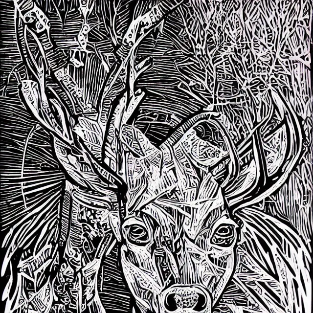 Image similar to linocut of a cybernetic deer. pink, black and white color pallette.