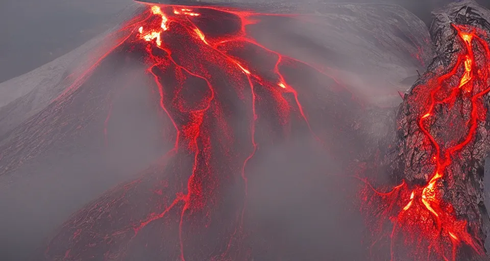 Image similar to a volcano made of ivory vines and crimson rocks enters in eruption, it spits a smoke in the shape of demonic eye, by Yoshitaka Amano,