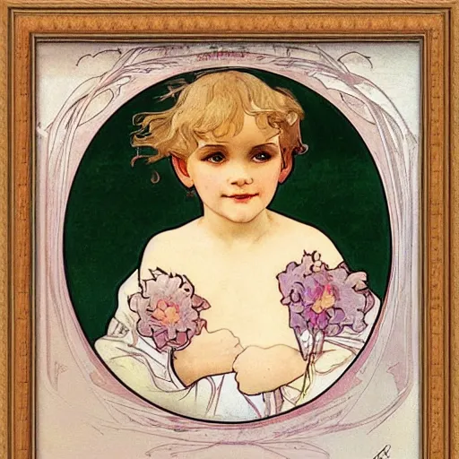 Image similar to art nouveau painting by Alphonse Mucha of a little boy with blonde hair and a round cherubic face. The painting is framed by flowers. Soft, muted colors, dreamy aesthetic.