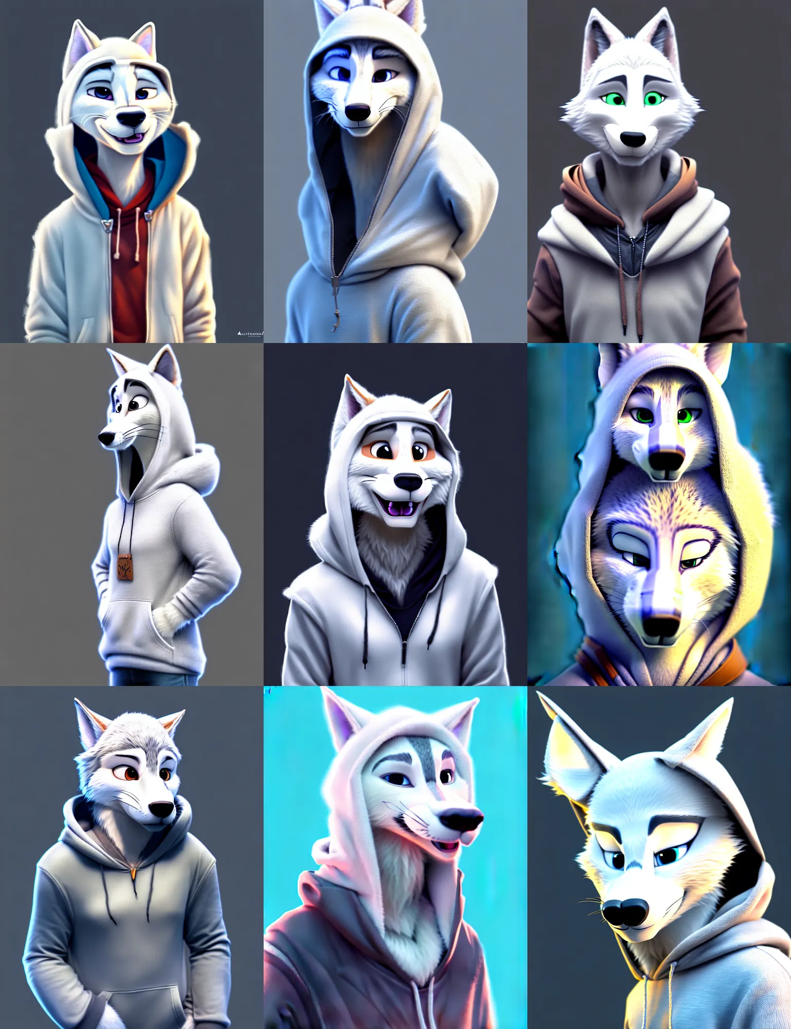 Prompt: portrait of cute male anthropomorphic white wolf wearing a hoodie, in the style of zootopia, volumetric light, artstation, concept art, 8 k, high detail, perfect