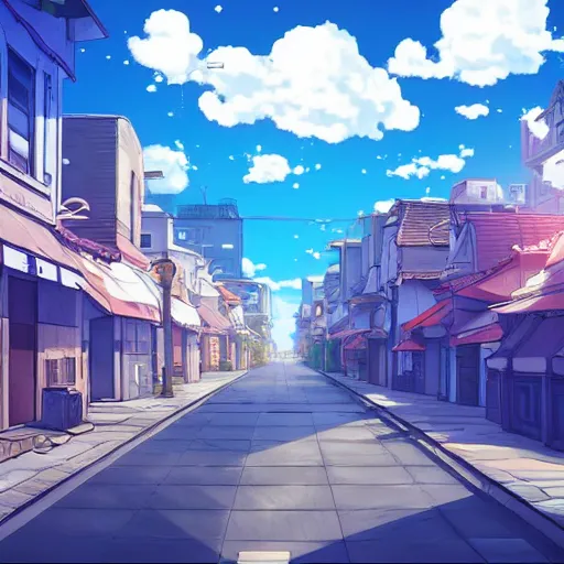 Prompt: a beautiful lonely street in a city from an Anime movie, the sky is blue with anime style clouds, romantic atmosphere, 4k,