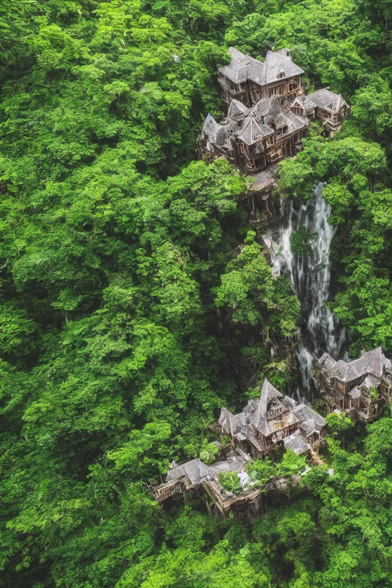 Prompt: a victorian mansion carved into a huge tree beside a waterfall in a dense jungle | cinematic