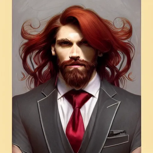 Image similar to portrait of a panther with a humanoid face, male, handsome, masculine, full body, red hair, long hair, soft hair, fantasy, intricate, elegant, highly detailed, suit, coffee shop, digital painting, artstation, concept art, character art, smooth, sharp focus, illustration, art by artgerm and greg rutkowski and alphonse mucha