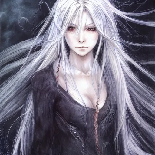 Prompt: a drawing of a woman with long white hair, a character portrait by yoshitaka amano, featured on pixiv, fantasy art, official art, androgynous, anime