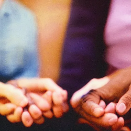 Prompt: vhs video of a couple holding their hands