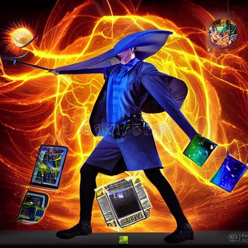 Image similar to a wizard destroys his computer with magical energy, by david mattingly, layout inspired by stock photos.