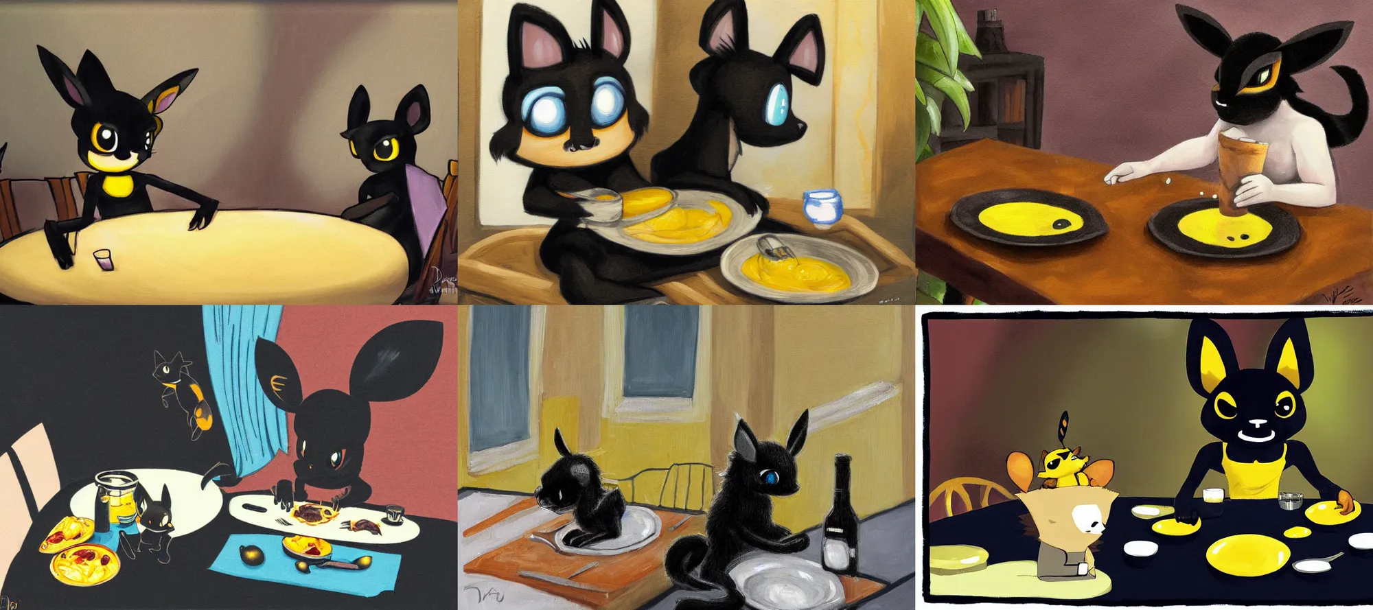 Prompt: umbreon in tanktop eating dinner at a table in the backrooms happiness is temporary by daniel velu