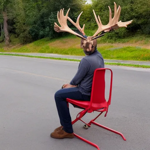 Prompt: side angle of a man with moose antlers sitting in an invisible chair.