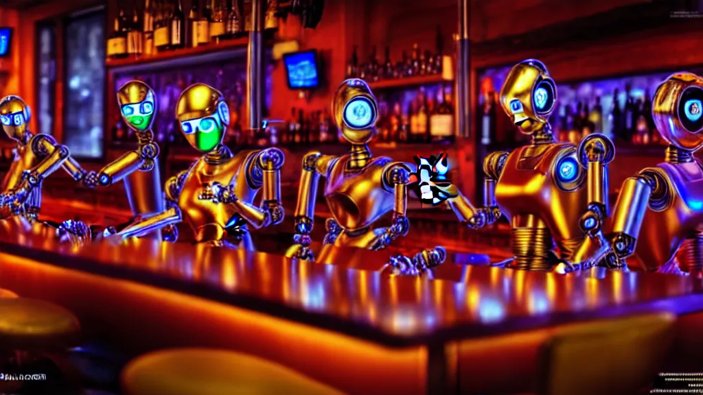 Prompt: robots drinking alcohol, inside a bar, vibrant colors, hyper-realistic, extreme detail, sharp photo, beautiful, cinematic 4K,, by Sorayama