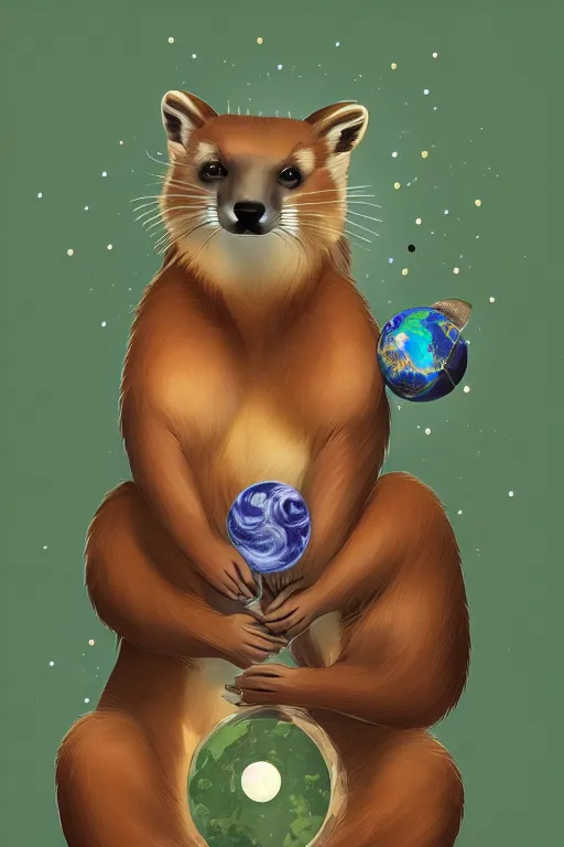 Image similar to giant pine marten in space holding a planet, digital art, trending on artstation