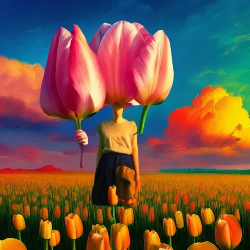 Image similar to girl with singular giant tulip as a head, surreal photography, flower field, sunset dramatic light, impressionist painting, colorful clouds, blue sky, digital painting, artstation, simon stalenhag