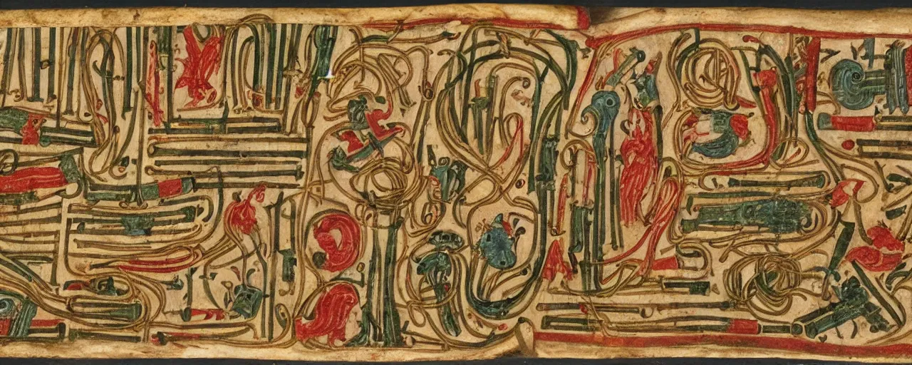 Image similar to ancient manuscripts detailing spaghetti, in the style of grolier codex, fine detail, kodachrome