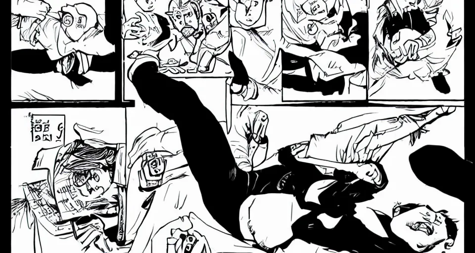 Image similar to conner mcgregor breaking his leg in the style of jinjo ito, comic, manga, black and white