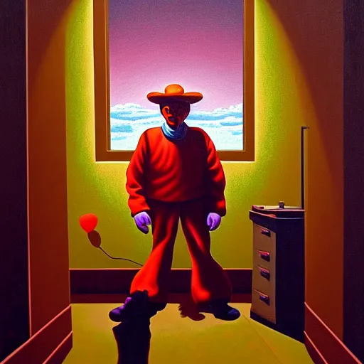 Image similar to a candy - colored clown they call the sandman tiptoes to my room every night. by jeffrey smith, oil on canvas