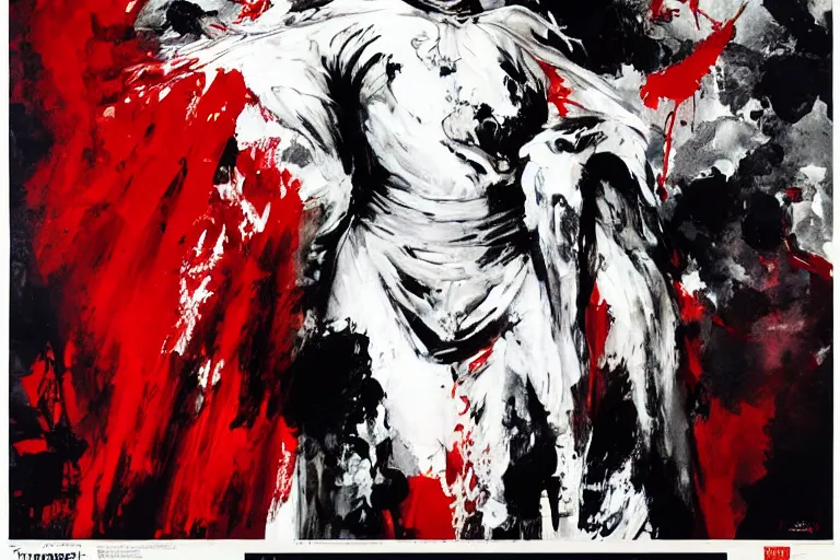 Image similar to movie screenshot of akira ( 1 9 8 8 ) tetsuo in a white superhero suit / mask and red cape, by ashley wood, yoji shinkawa, 6 0's french movie poster, french impressionism, palette knife and wide brush strokes, black and white only