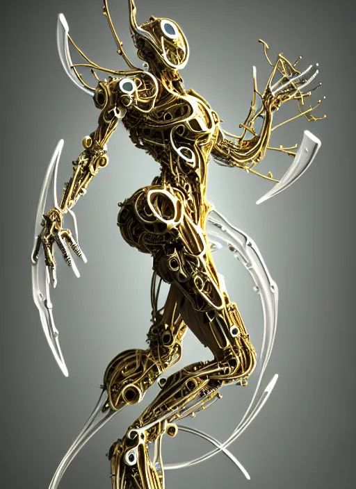 Image similar to abstract organic cyborg ornament in fluid creature, white and gold biomechanic plastic, glow lighting, fantasy, intricate, elegant, highly detailed, lifelike, photorealistic, octane render, 3d, concept art, smooth, sharp focus,