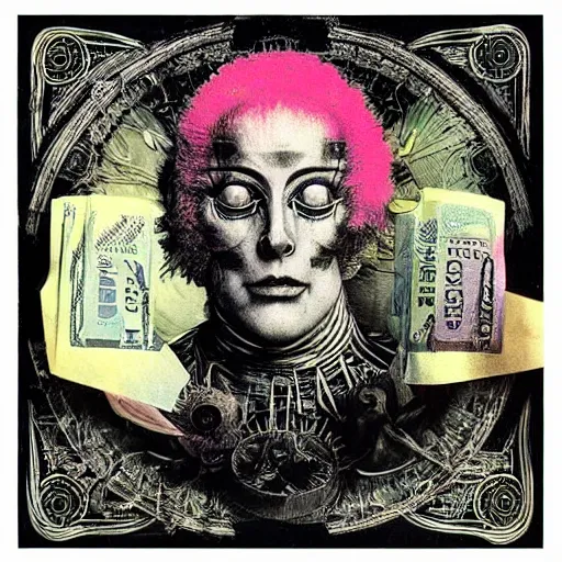 Image similar to post - punk new age album cover, asymmetrical design, dollar bank notes, capitalism, magic, apocalypse, psychedelic, black white pink, magic, giger h. r., giuseppe arcimboldo, peder aalto