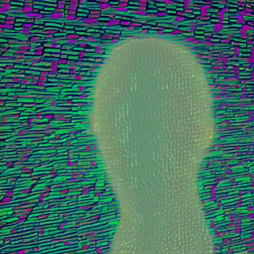 Prompt: video processing vhs glitch art in the silhouette of a woman, ethereal glow,