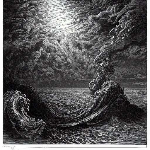 Image similar to a traditional portrait of cthulhu, small town in the background, night, soaring waves, clouds, illustration by Gustave Doré