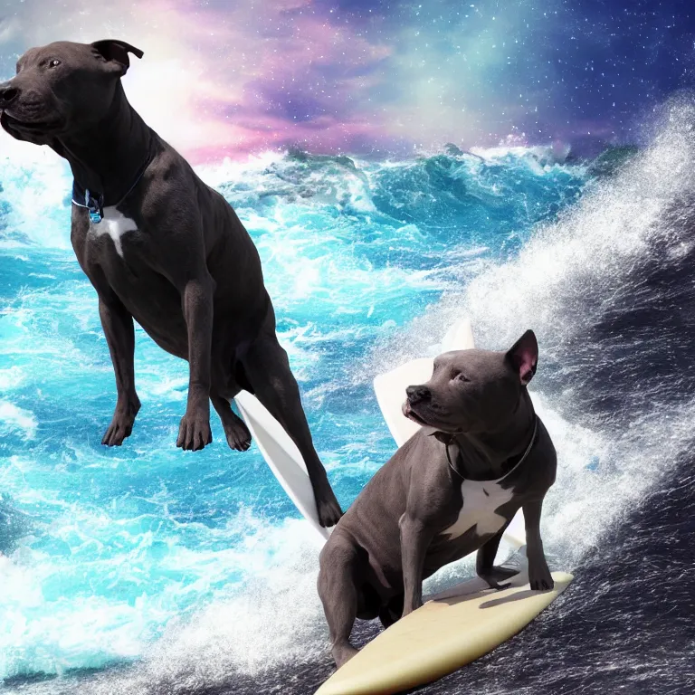 Image similar to photo of a skinny dark gray coat pit bull with a white paws and a white nose!, surfing on a surfboard in a crashing wave of alien galaxy, trending on art station, ocean in space, background is an alien galaxy, aliens in the background, alien colors, octane render, unreal engine, wide view, 8 k, highly detailed