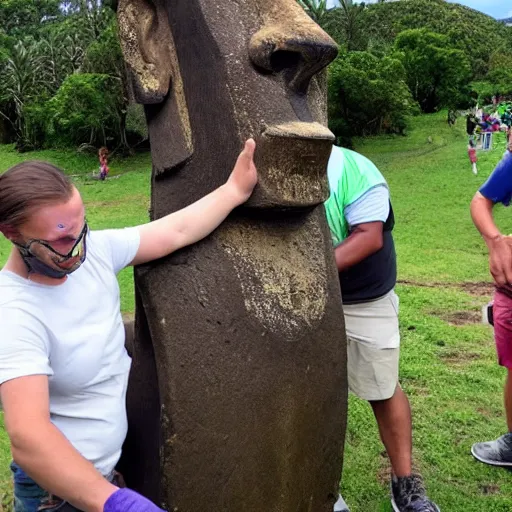 Prompt: photo of easter island natives installing the moai statues