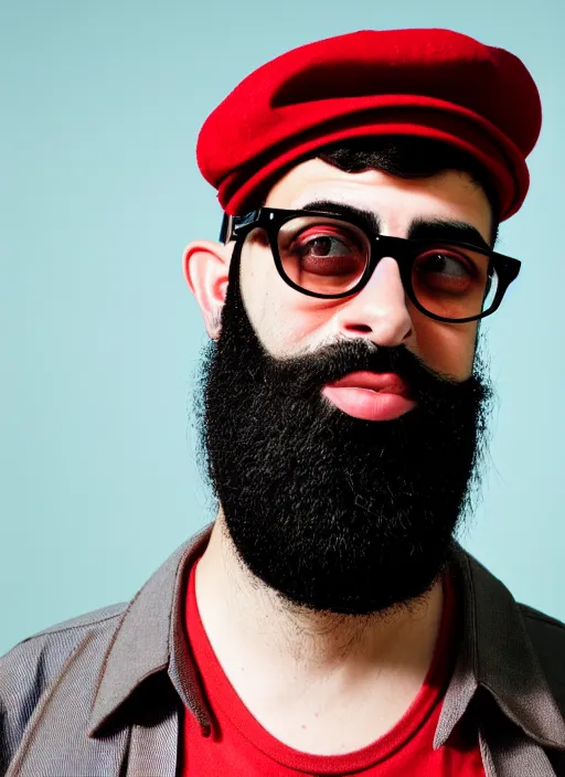 Prompt: kodak portra 4 0 0, 8 k, highly detailed, britt marling style, color studio - portrait of a young ducktail bearded middle eastern american male with black wayfarer glasses and red baseball hat, black hair, muted colors, up face with 1 9 2 0's hairstyle and cloth style, asymmetrical, hasselblad