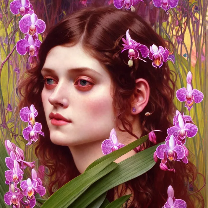 Prompt: psychedelic portrait of girl surrounded by orchids, diffuse lighting, fantasy, intricate, elegant, highly detailed, lifelike, photorealistic, digital painting, artstation, illustration, concept art, smooth, sharp focus, art by John Collier and Albert Aublet and Krenz Cushart and Artem Demura and Alphonse Mucha