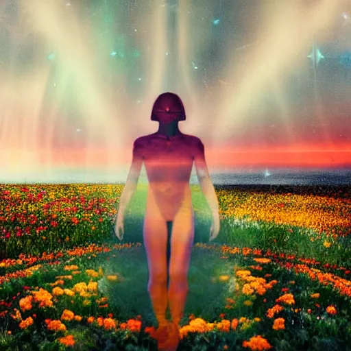 Image similar to A picture of a planet of various flowers, fungus and plants, in which the human figure is dressed in something magical and impressive, inside the picture is infinity, sunset light, Atmospheric phenomenon, artistic photography, muted colors, conceptual