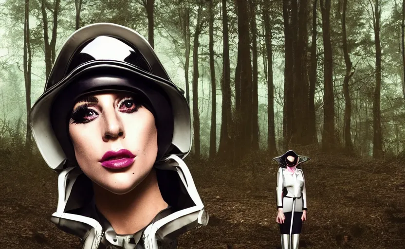 Image similar to lady gaga as a cop in a spooky forest, ufo overhead, alien, realistic, 8 k resolution, hyperdetailed, highly detailed, real life, studio lighting, high quality